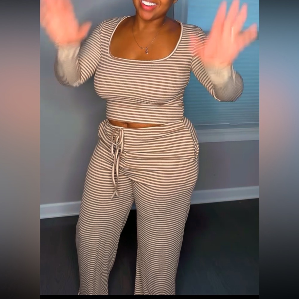 Striped Ribbed Lounge Jumpsuit Set - Beige/White